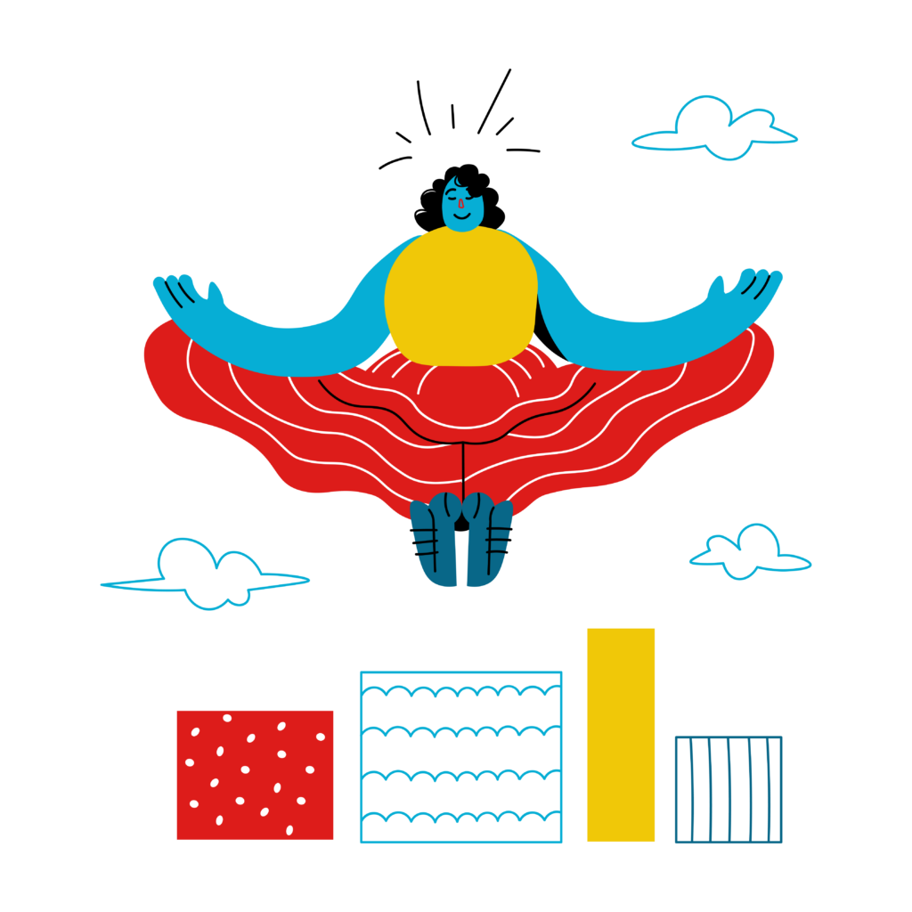illustration showing a woman meditating above charts with results